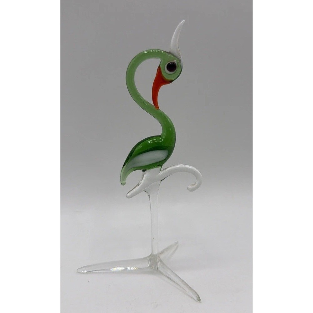 Vintage 70's Hand Blown Glass Heron Standing on one Leg. Rare 5.5" Green, Clear,